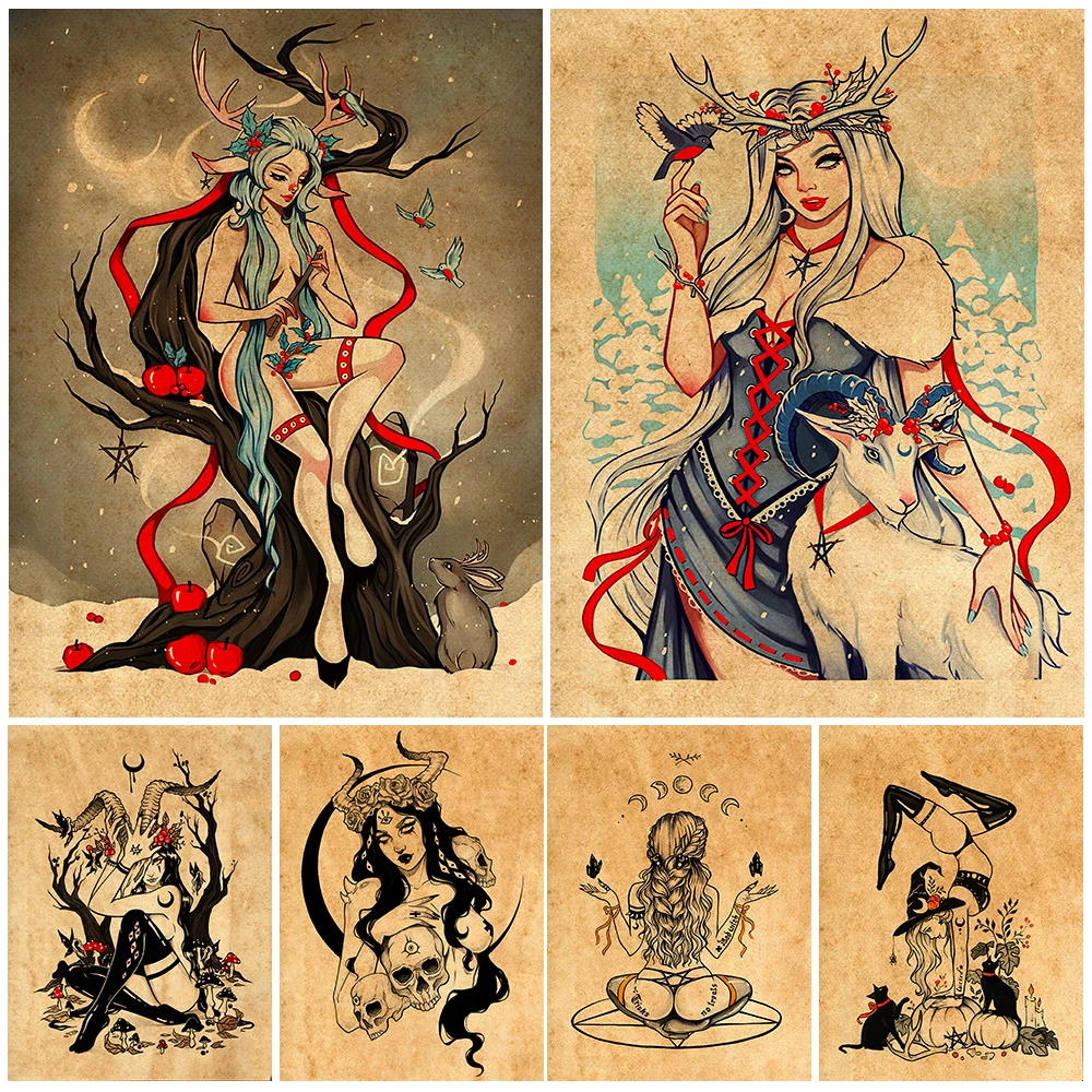 

Lovely Goat Witch Aall Art Canvas Painting Vintage Magic Wicca And Black Cat Witch Retro Poster And Prints Home Decora Unframed