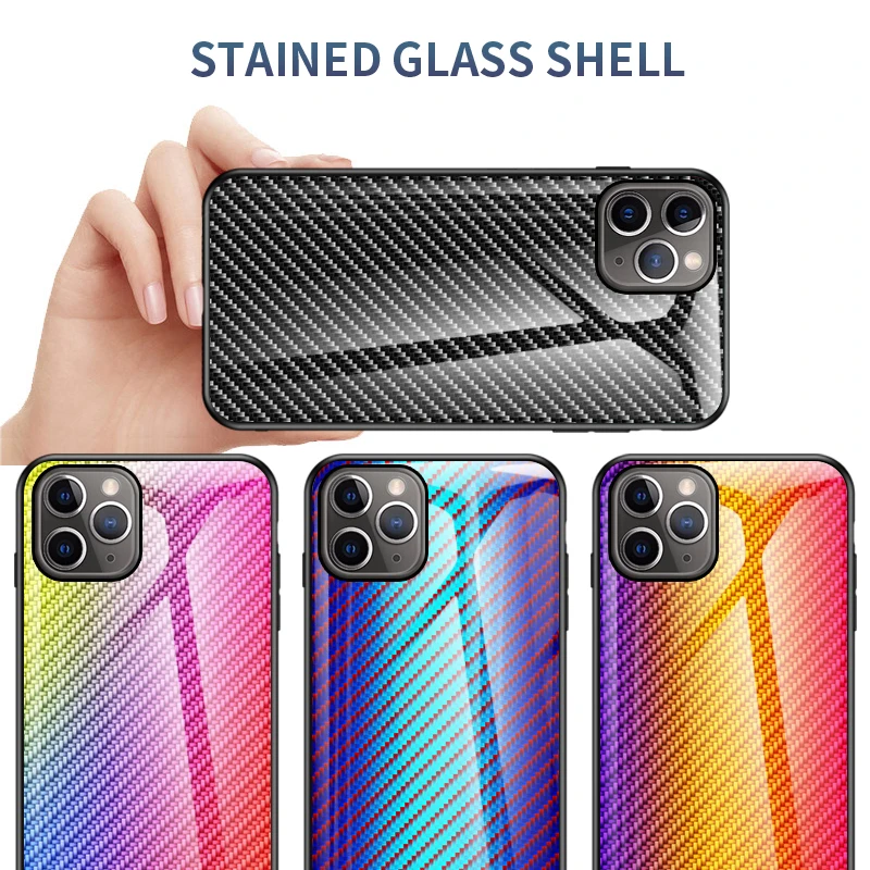 

Carbon Fiber Tempered Glass Phone Case For iPhone 8 7 6 6s Plus X XR XS Max 11 11Pro 11ProMax Luxury Anti-scratch Back Cover