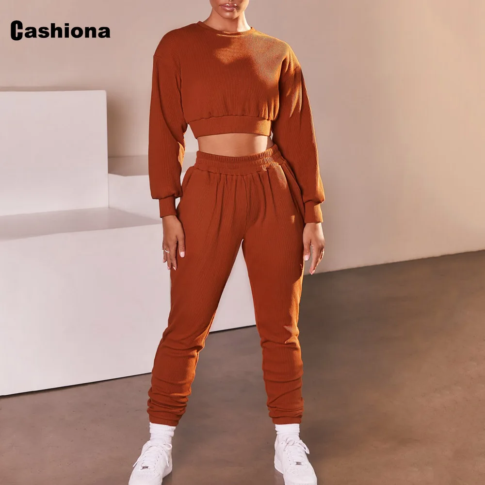 

Cashiona Solid 2 Piece Set Women 2021 Spring Autumn New Long Sleeve Crop Top Casual Loose Pants Set Woman Tracksuit Streetwear
