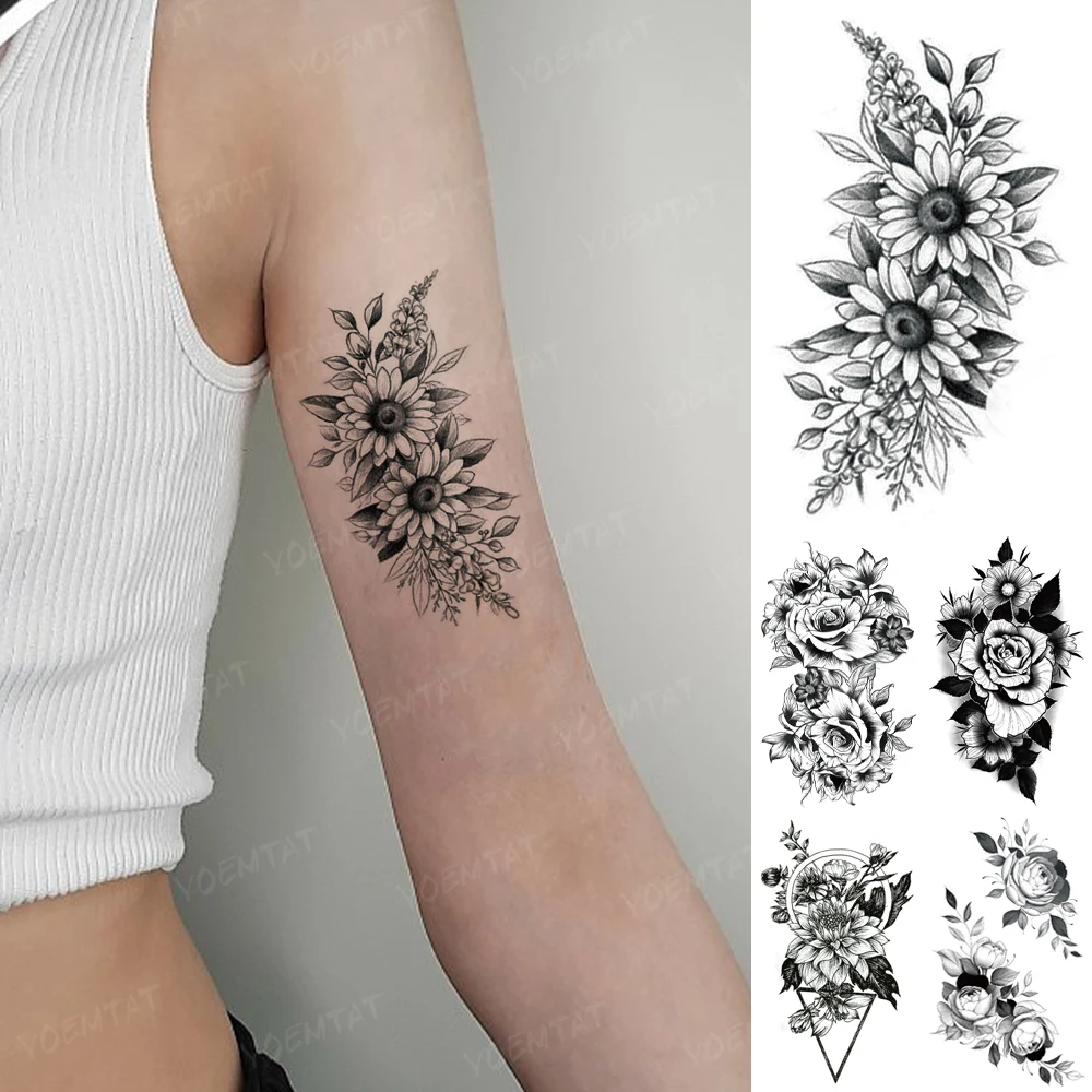 

Waterproof Temporary Tattoo Sticker Leaf Flower Rose Peony Black Tatoo Arm Shoulder Hand Small Tatto Man Woman Child Mini Tato