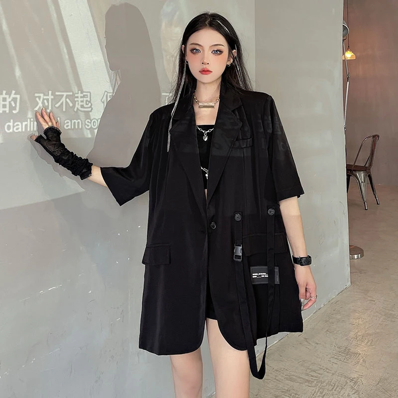

SHENGPALAE Temperament White Blazer Women's Summer 2021 New Notched Loose Single Button Bandage Short Sleeve Suit Coat Female