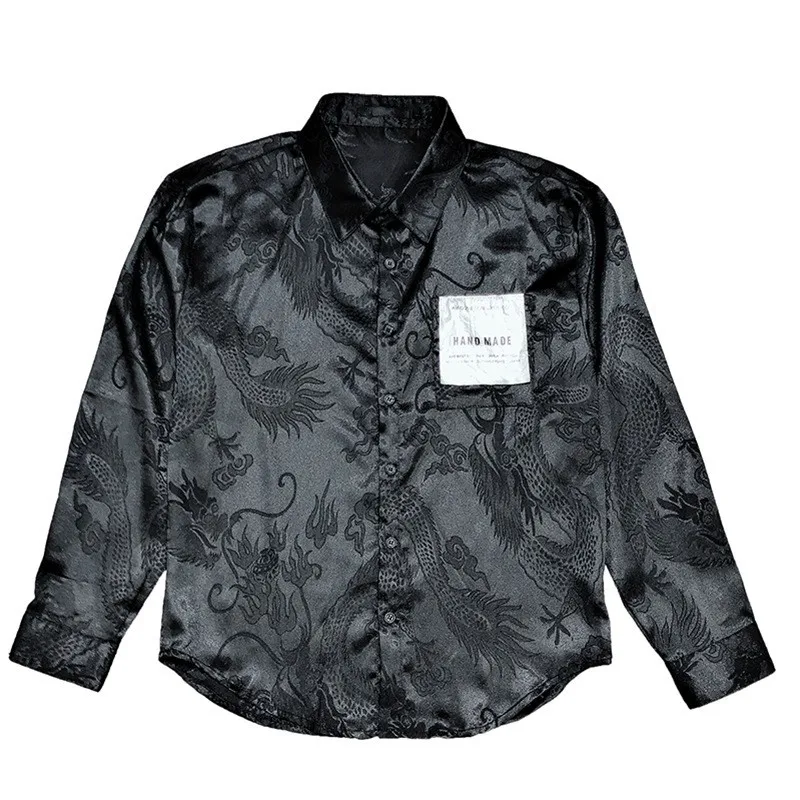 

Korean Style Mens Short Slim Vintage Long Sleeve Floral Shirt Pockets Embroidery Turn-Down Collar Single Breasted Blouse
