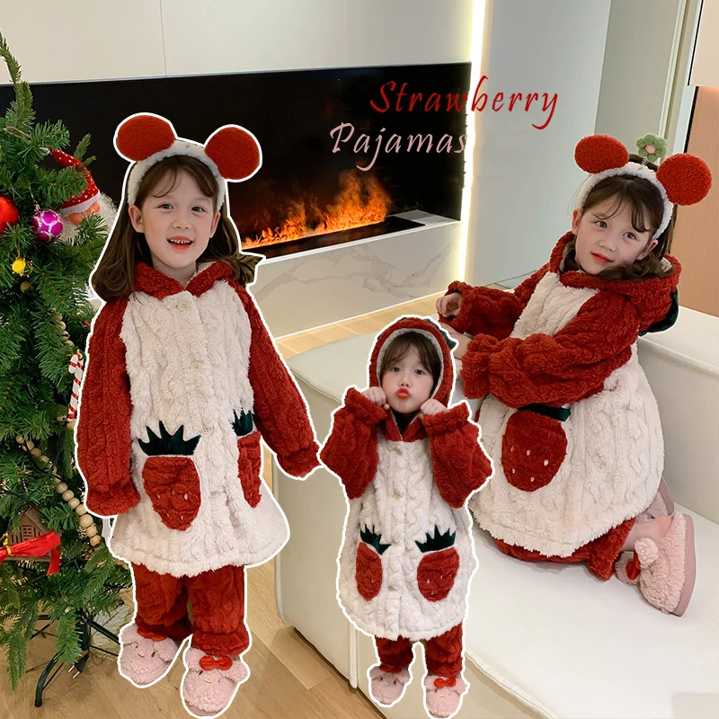 

Winter Strawberry Cosplay Pajamas For Girls Kids Coral Velvet Homewear Christmas Outfit Coral Velvet New Year Pajama Suit