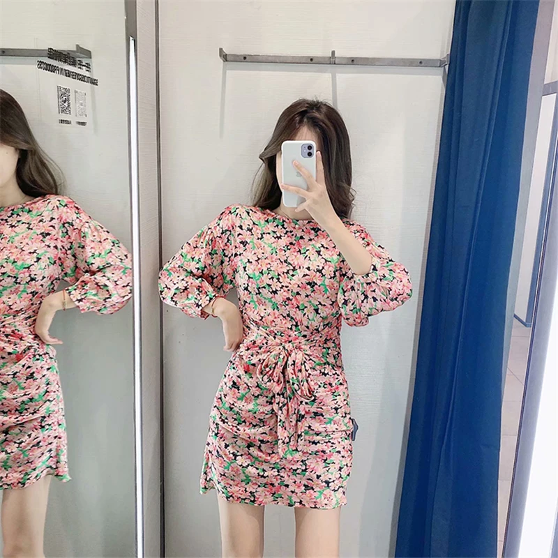 Женское мини-платье с круглым вырезом GLAUKE Повседневное платье и длинными