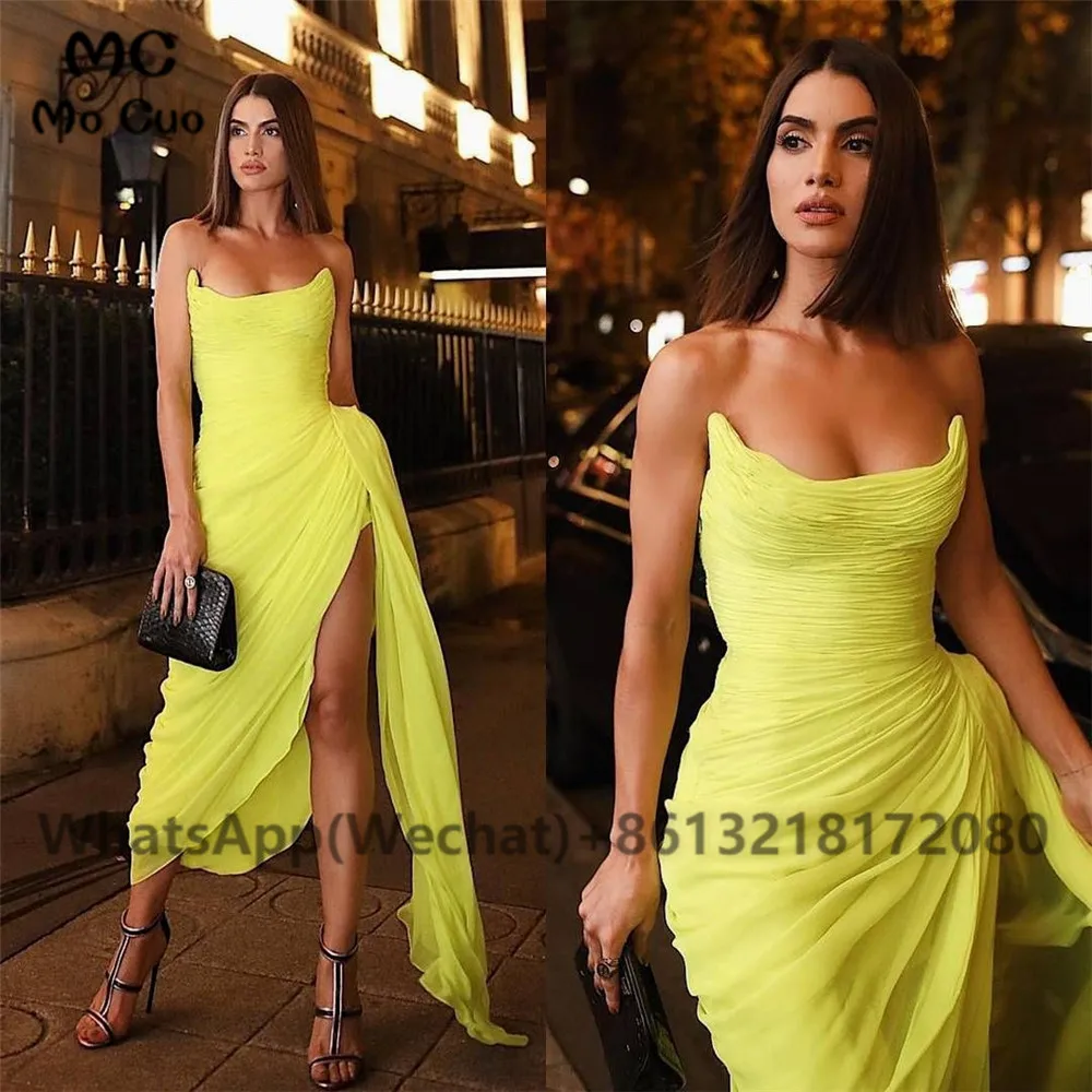 Simple Sheath Yellow Evening Dresses Long Prom Gowns Side Slit Pleat Chiffon Women Evening Dresses