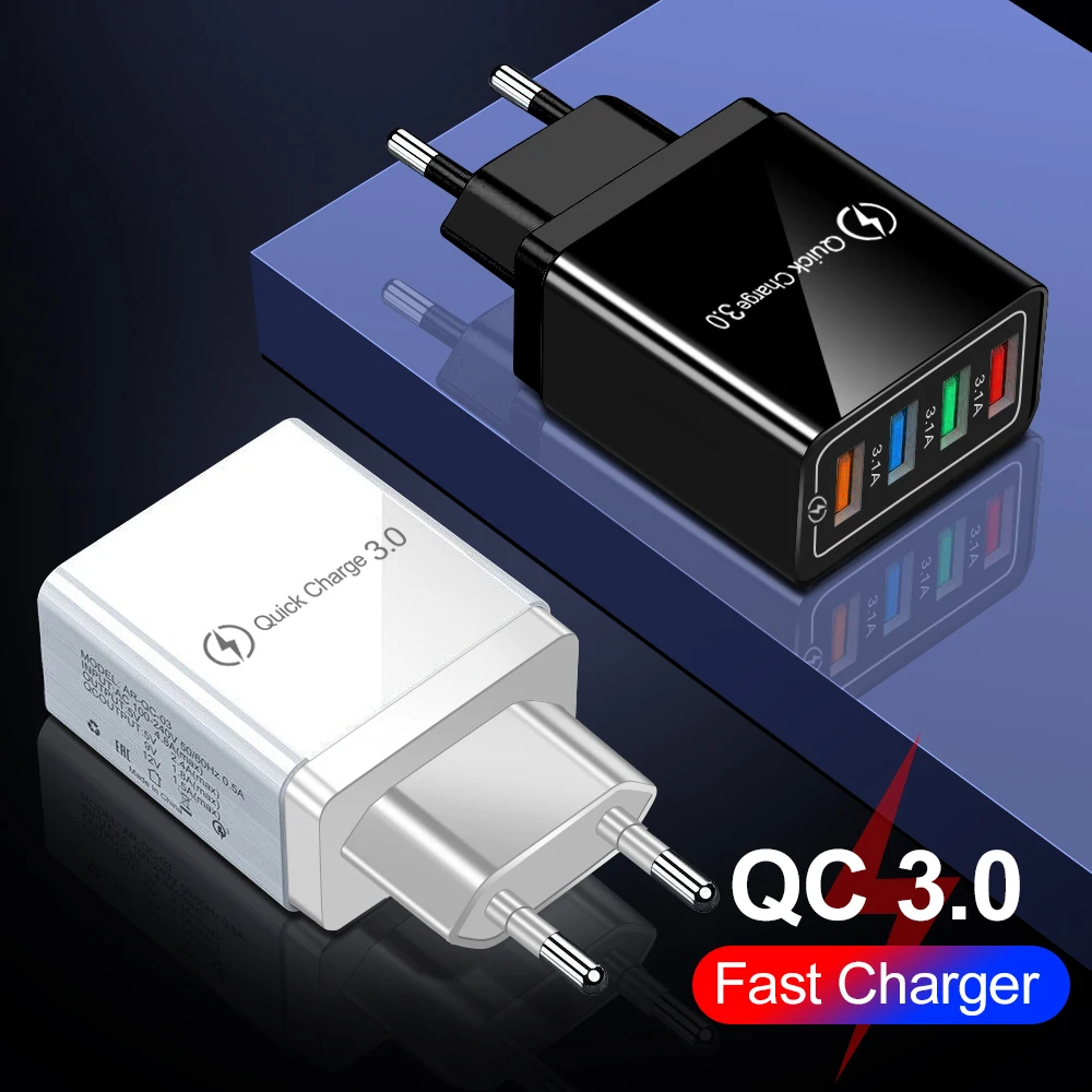 

4 Ports USB Charger Quick Charge 3.0 Fast Charging for Xiaomi Mi Note 10 Pro Tablet Portable EU Plug Wall Mobile Charger Adapter