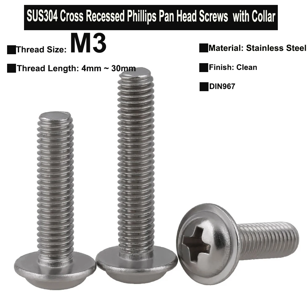 

30Pcs/20Pcs M3x4mm~30mm SUS304 Stainless Steel Cross Recessed Pan Head Phillips Screws with Collar DIN967