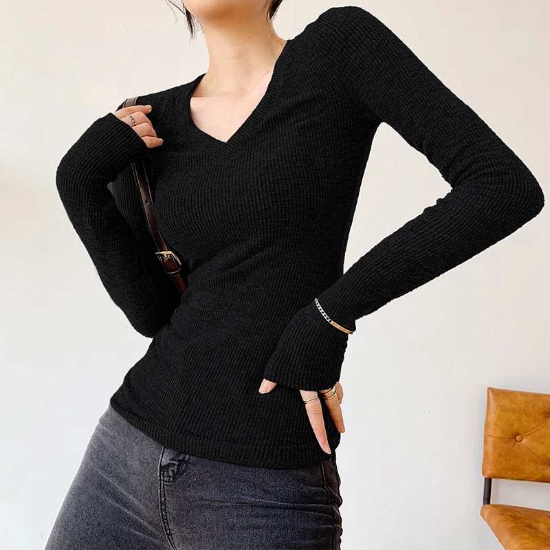 

Sexy T shirt Women 2021 White Clothes Cotton Female Korean T-Shirt Gray Tops V-Neck Long Sleeve Black Tee Shirt Clothes