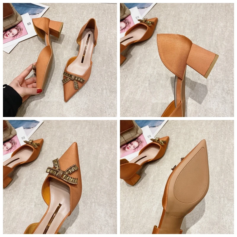 

SIMLOVEYO Ladies Pumps New 2021 Pointed Toe 5cm Square Heels Silk Bowtie Crystal Sexy Slip-on Size 39 Party Summer Blue B2200