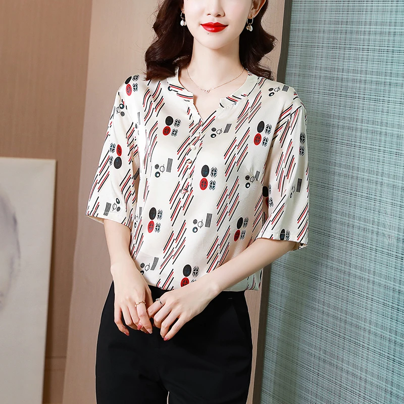

Women's Shirt Silk Blouses for Women Satin Floral Printed Shirts Women Summer Blouses 2021 V-neck Button Up Short Sleeve Blouse