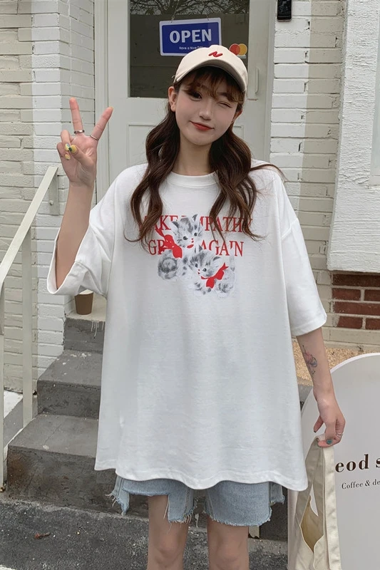 

Plus Size Loose Slimming Women T Shirt White Casual T-shirt Girls Fashionable Short Sleeve Printed Top