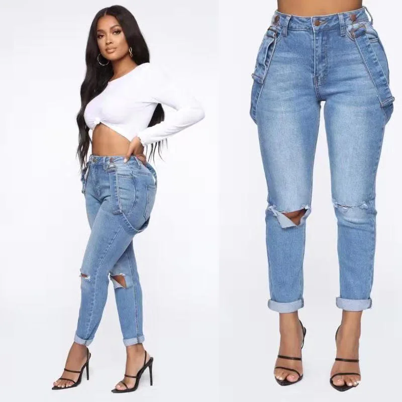 

WEPBEL Jeans Summer Leisure High Waist Button Vintage Strap Jeans Women's Slim Bleached Solid Color Straight-Leg Trousers