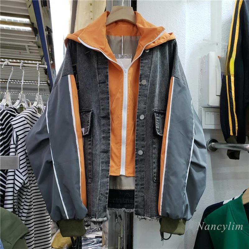 

Hooded Denim Jacket Women 2021 Autumn New Loose Fashion Big Pocket Coat Femme Streetwear Outwears