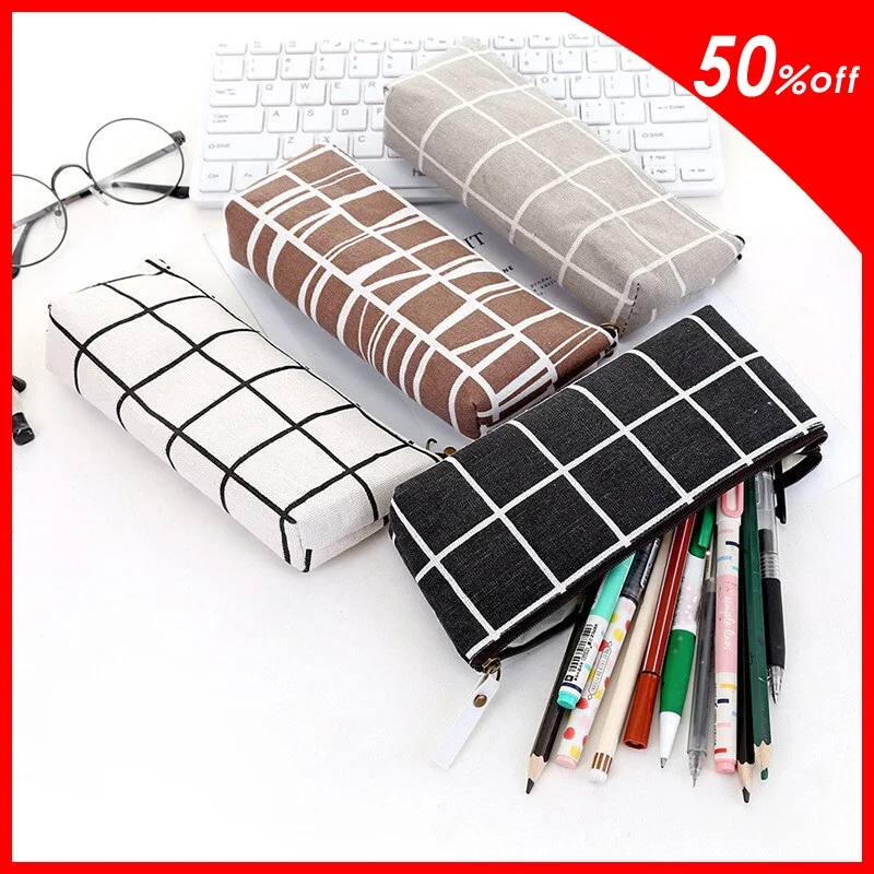 

School Simple Striped Canvas Geometric Pencil Case grid Solid Color Cute Kawaii Pencil Bag Pouch Office Students Kids Supplies