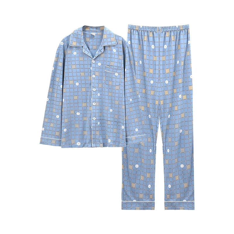 

Autumn Long-Sleeved Cotton Pajamas Set Men's Loose and Plus-sized Simple Cardigan Sleep Tops Long Pants Homewear Set Pajamas