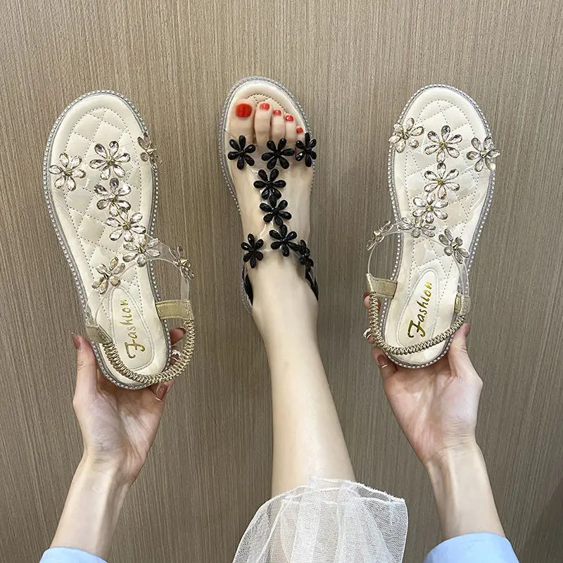

35-43 Fat Feet Wide Fat Roman Style Shoes Woman Plus Size Crystal Sandals Women's New Retro Transparent Rhinestone