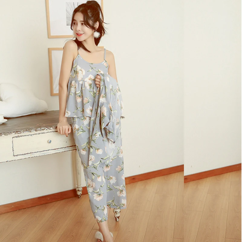 Женский пижамный комплект из трех предметов одежда для сна с цветочным принтом