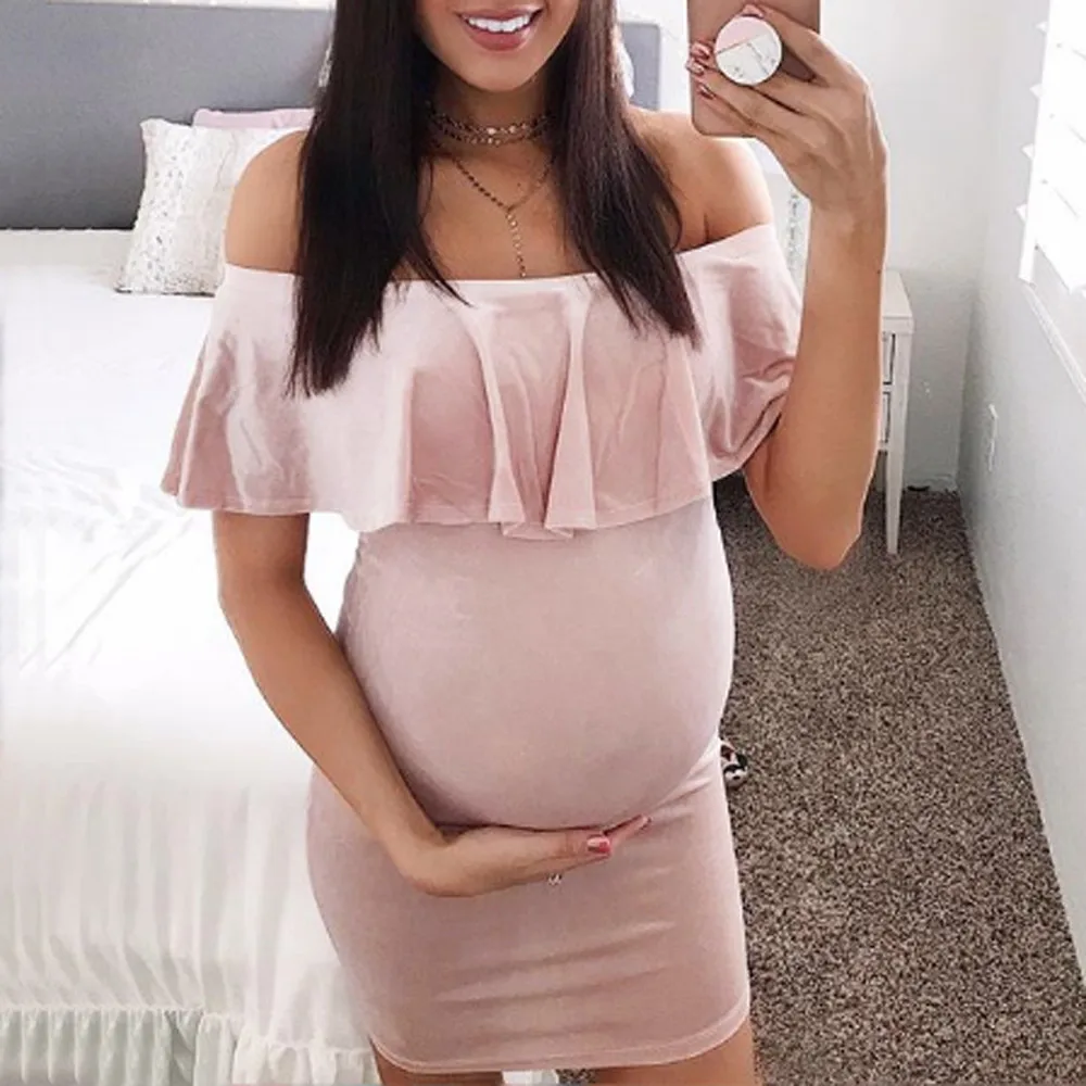 Беременности и родам платья модные женские оборки открытые плечи однотонные