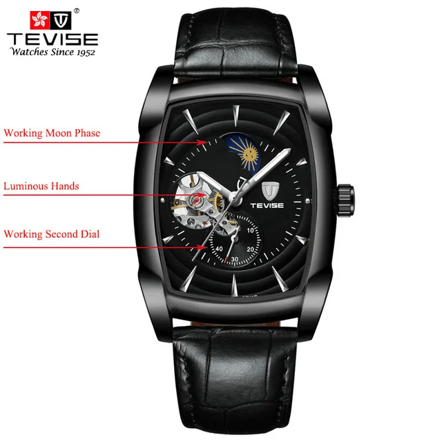 Full Black With Box TEVISE T829B мужские часы Лидирующий бренд Роскошные Большие Часы мужские 49 мм светящиеся наручные часы с датой и неделей - Цвет: Full Black With Box