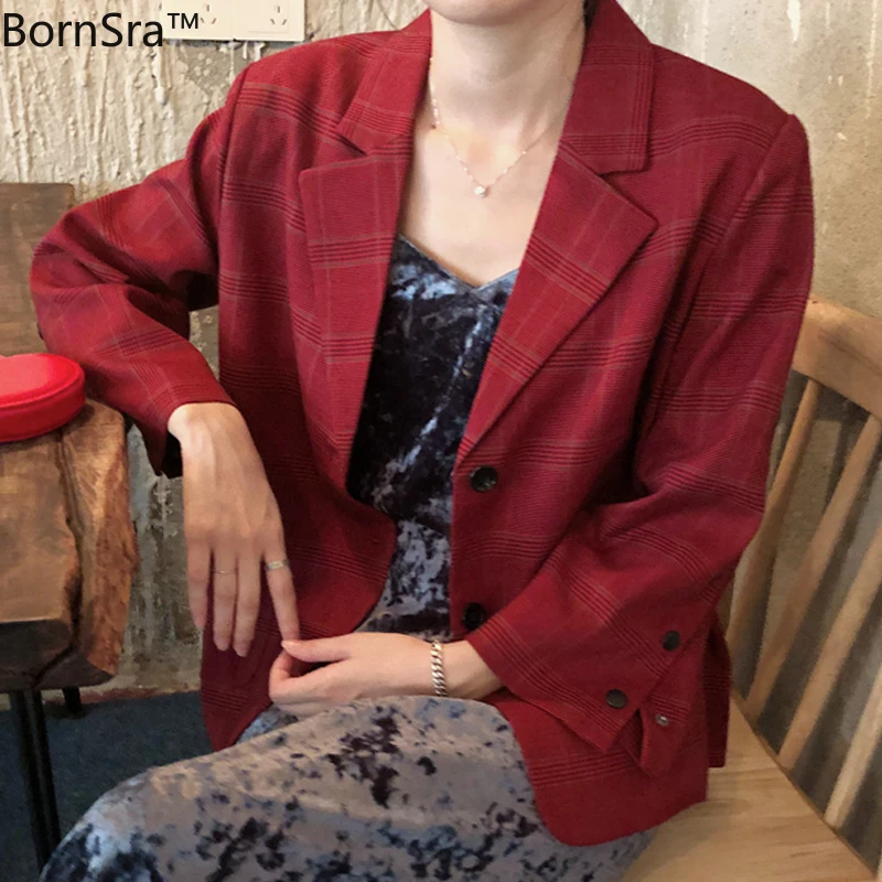 

Bornsra 2020 Autumn Vintage Red Plaid Full Single Breasted Women Blazers Office Lady Button Women Red Blazer