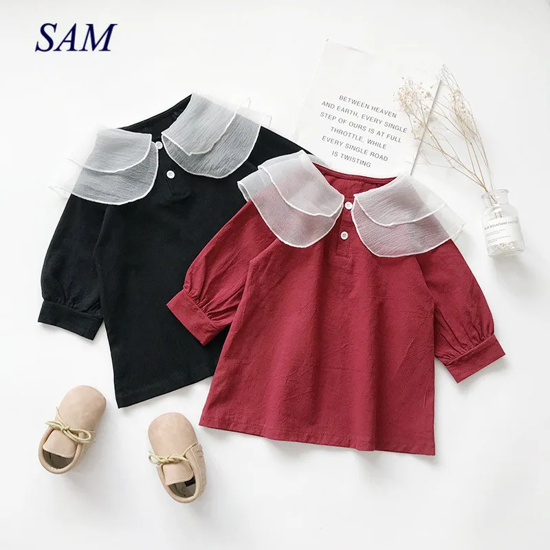 Платья для девочек осень 2020 Сетчатое платье с воротником рукавами-фонариками