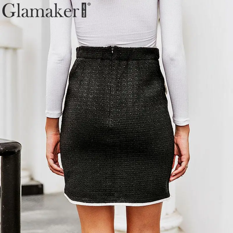 Glamaker, черная юбка трапециевидной формы с высокой талией, Женская двубортная элегантная юбка, осенняя модная Женская Клубная мини-юбка, Зимняя юбка