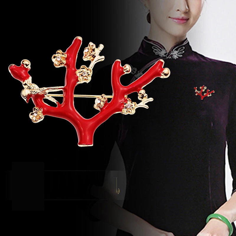 2020 Ретро Китайский стиль большой красный коралловый дерево дамы корсаж