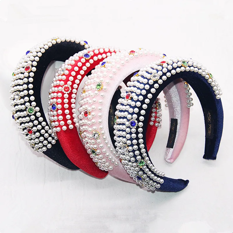 

Fashion Pearl Rhinestones Jewelry Headbands Pink Red Black Crystals Stones Wide Hair-Bands Stage Accessories Headdress Ornament