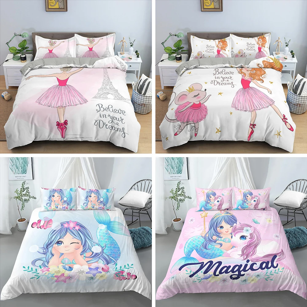 

Cute Cartoon Bedding Set Dancing Girl Mermaid Ballet Girls Duvet Cover Princess Home Textile Bedclothes Soft Bed Sets for Kids