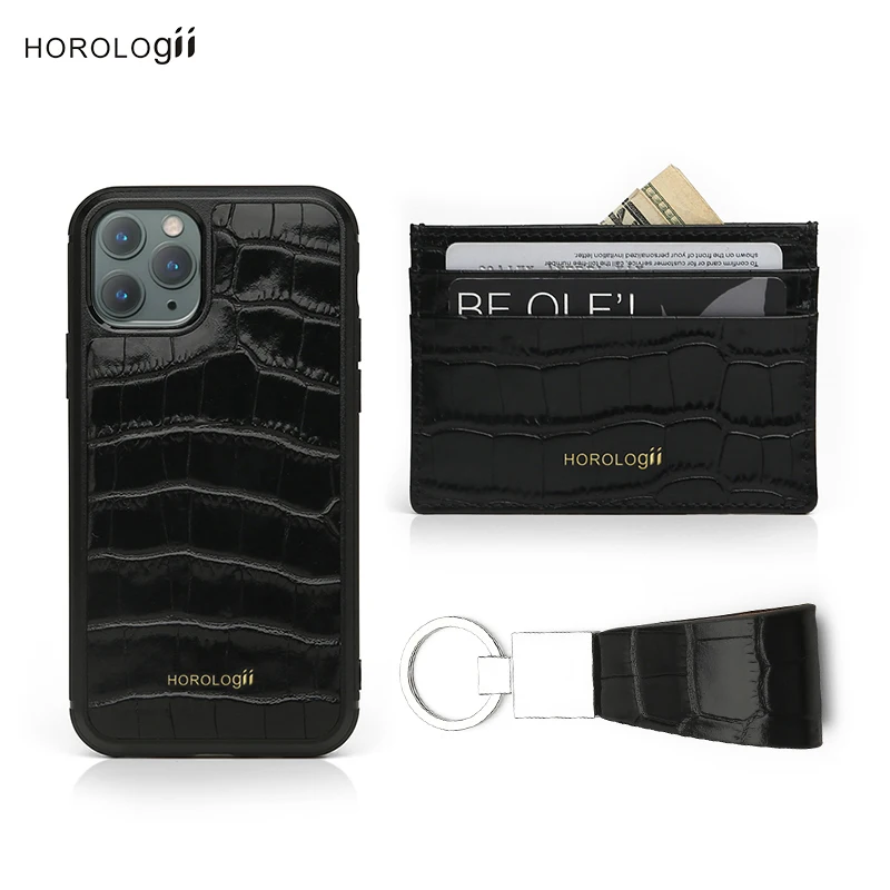 

Horologii Custom Letters gift set black croco pattern Italian leather for iphone 11 12 13 Pro Max Case with card holder dropship