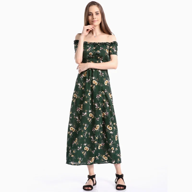 

2020 Fashion Sexy Off Shoulder Floral Print Long Dress Female Sundress Elegant High Split Party Dresses Boho Strapless Vestidos