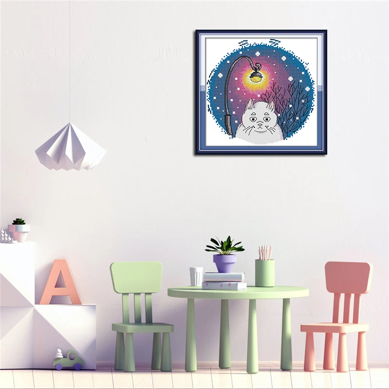 Joy Sunday New Arrival Blue White Cat Animal Pattern Chinese Cross Stitch Printed Canvas Embroidery Needlework Sets Home Decor | Дом и сад