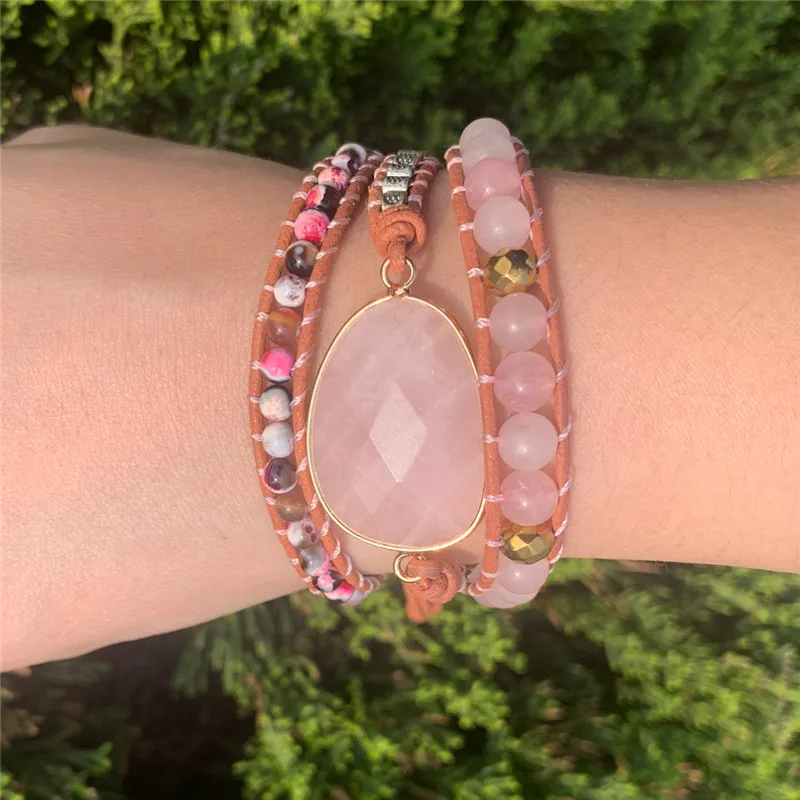 Роскошный кожаный браслет натуральные камни бусы плетение эффектный Boho Femme Homme