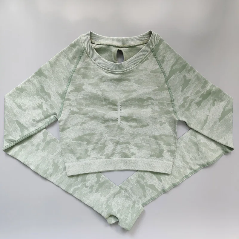 Green Nepoagym женский Камуфляжный бесшовный укороченный топ бесшовный топ с длинным рукавом спортивная одежда для женщин футболка для спортзала или йоги укороченный топ для тренировок - Цвет: Green