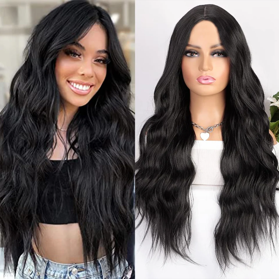 

Vigorous Synthetic Long Wavy Hair Wig With Bangs for Women Black wig Middle Part Heat Resistant Natural Looking Ombre Blonde
