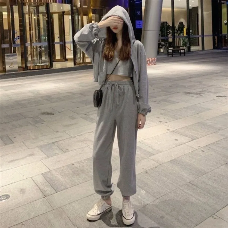 Women 3 Piece Set Solid Color Zip Hooded Drawstring Sweatshirts + Sexy vest+ Stretch Waist Casual Pants Fashion Suit tracksuit |