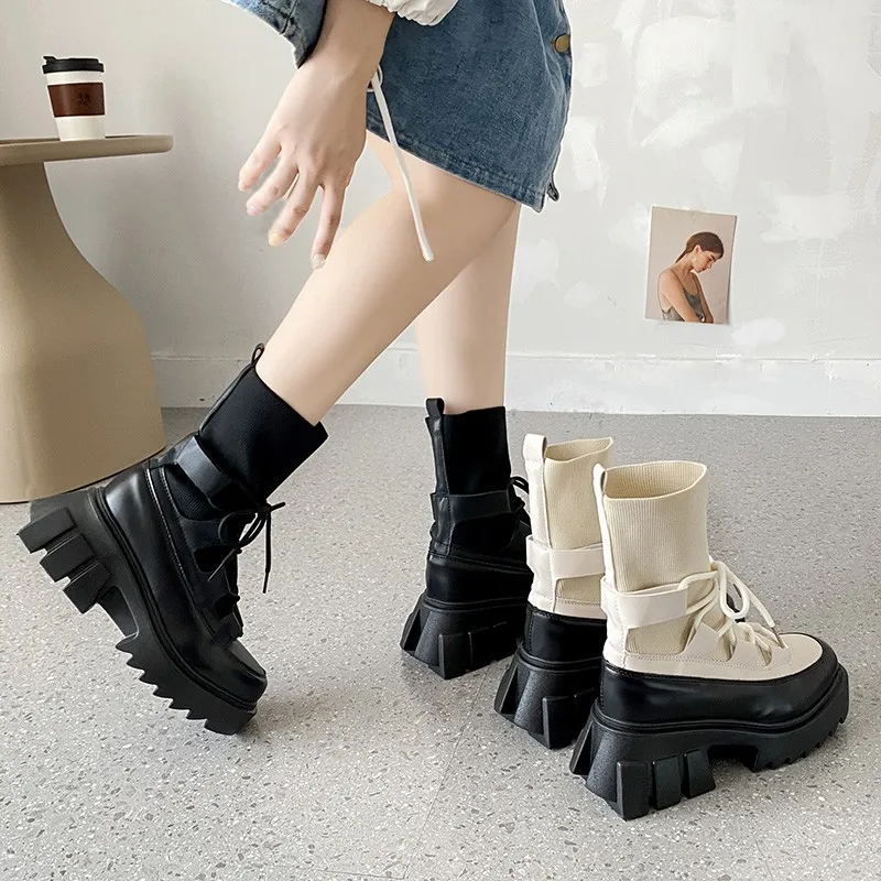 

Woman New 2021 Ladies Casual Stretch Fabric Socks Boots Fashion Cross-tied Women Shoes Platform Increase Boots Women Size 35-39