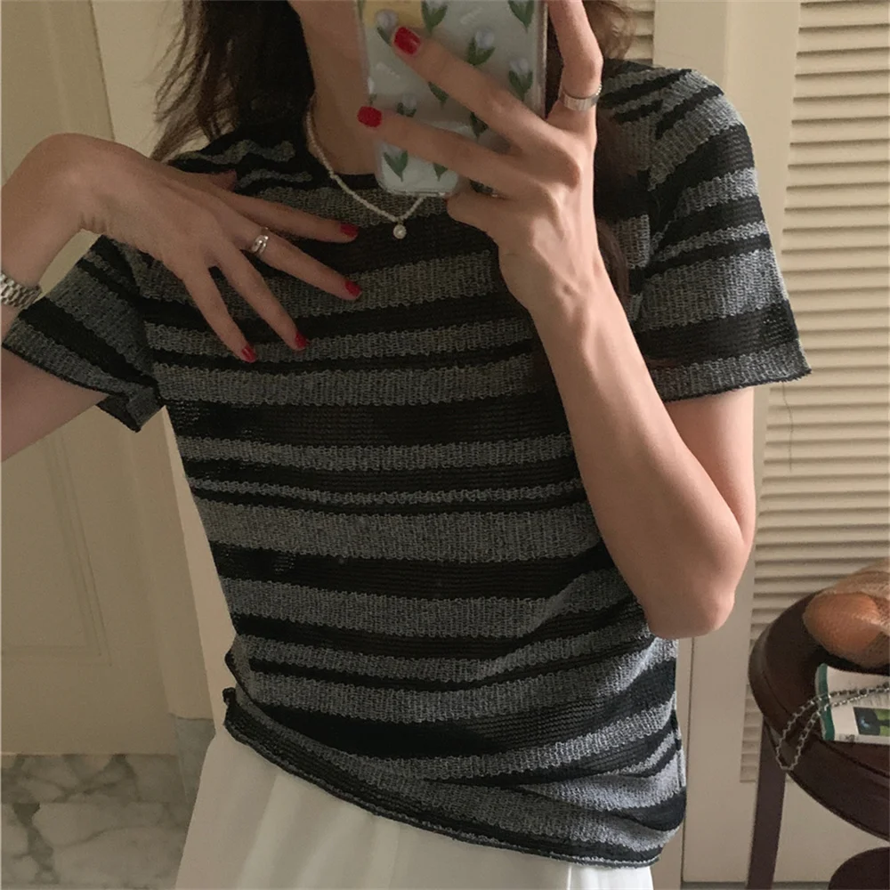 

Футболка Alien Kitty Женская тонкая в полоску, модный универсальный трикотажный топ, свободная Повседневная рубашка с коротким рукавом, лето 2021