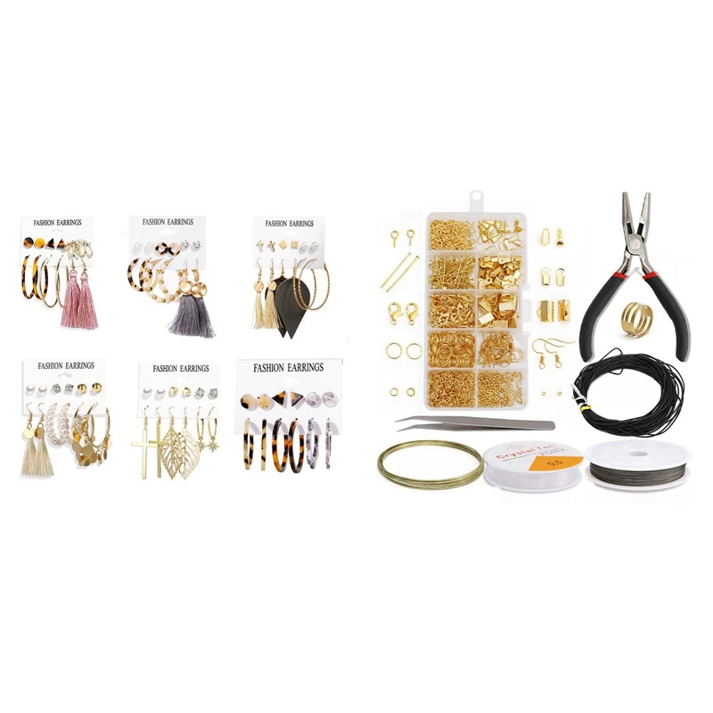 

36 Pairs Tassel Earrings Set & 1 Set Diy Earrings Accessories Earrings Material Beads Pliers Set Material Bag