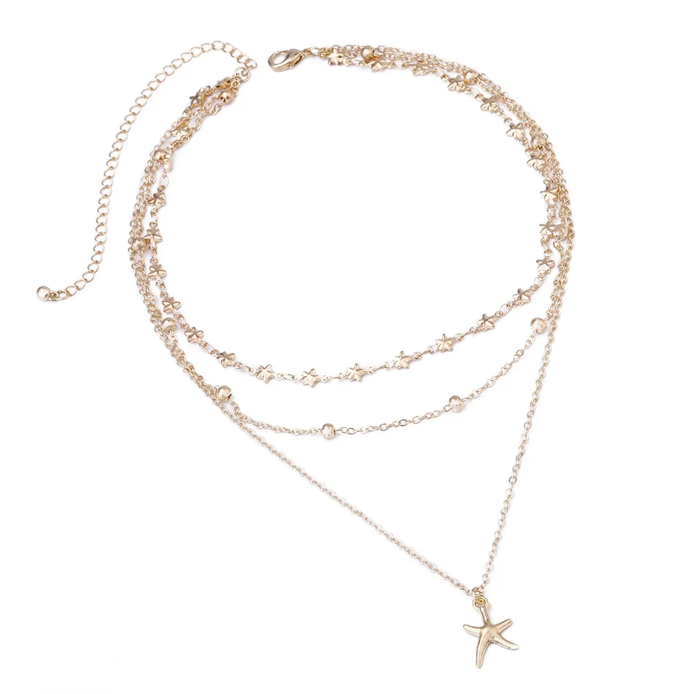 

Multi-layer Bead Starfish Tassel Chain Necklace Handmade Metal Gold Pendant Necklaces for Women Neck Jewelry XL097