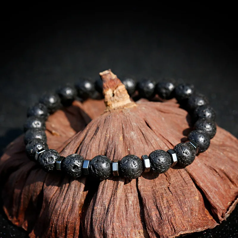 8mm Beaded Men Bracelets Black Lava Stone Hematite Beads Charm Bracelet Women Prayer Jewelry Yoga Dropshipping Pulsera Hombre | Украшения и
