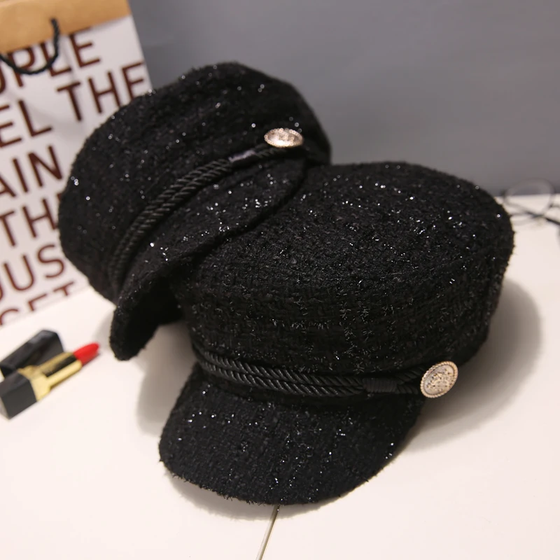 Женская модная пуговица твидовая блестящая военная шляпа весна осень шляпы