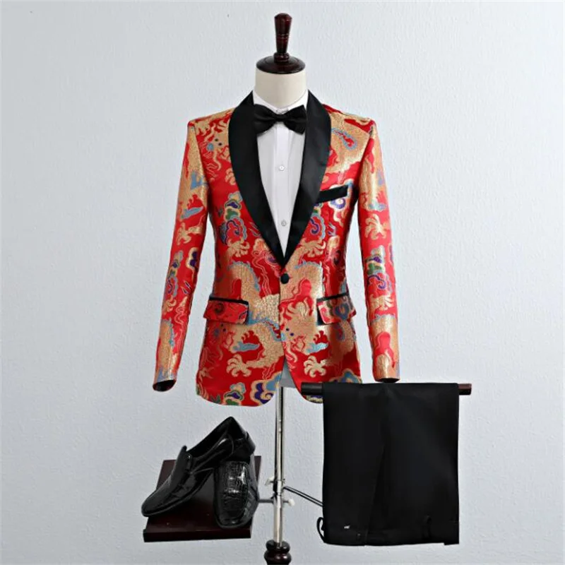 Colorful dragon blazer men suit set with pants mens wedding suits costume singer Chinese style stage clothing formal dress