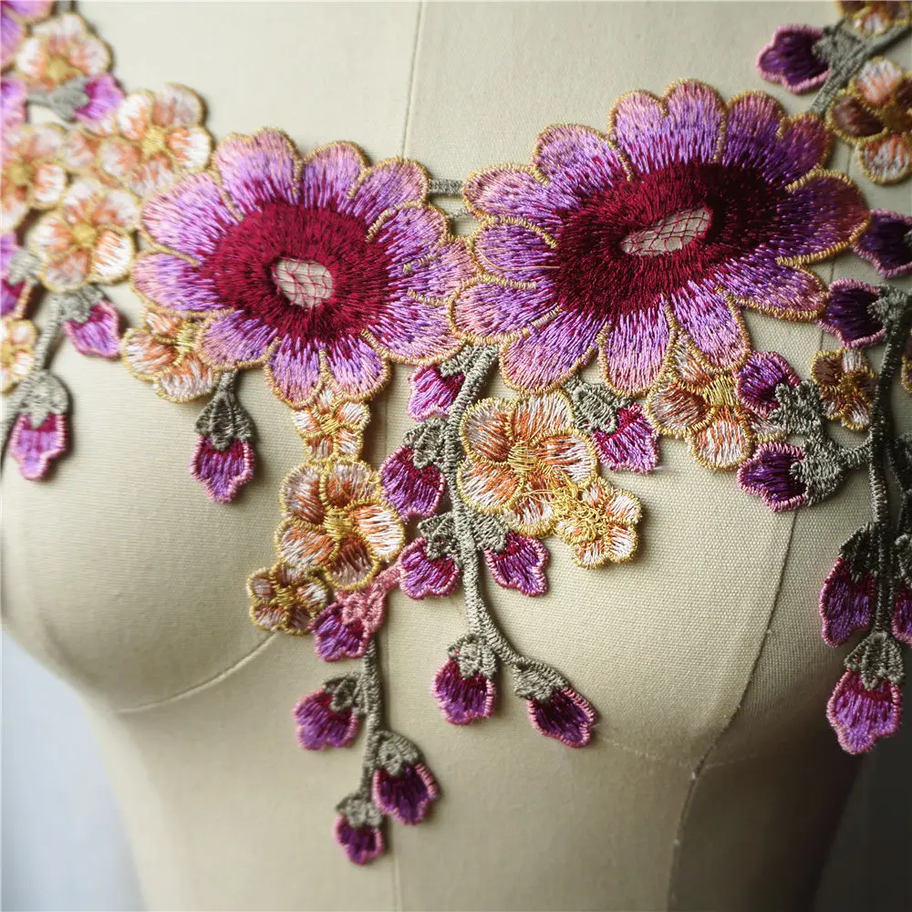 Pink Purple Flower Tassel Collar Embroidered Wedding Gown Appliques Lace Fabric Mesh Sew On Patches For Decoration Dress DIY | Дом и сад