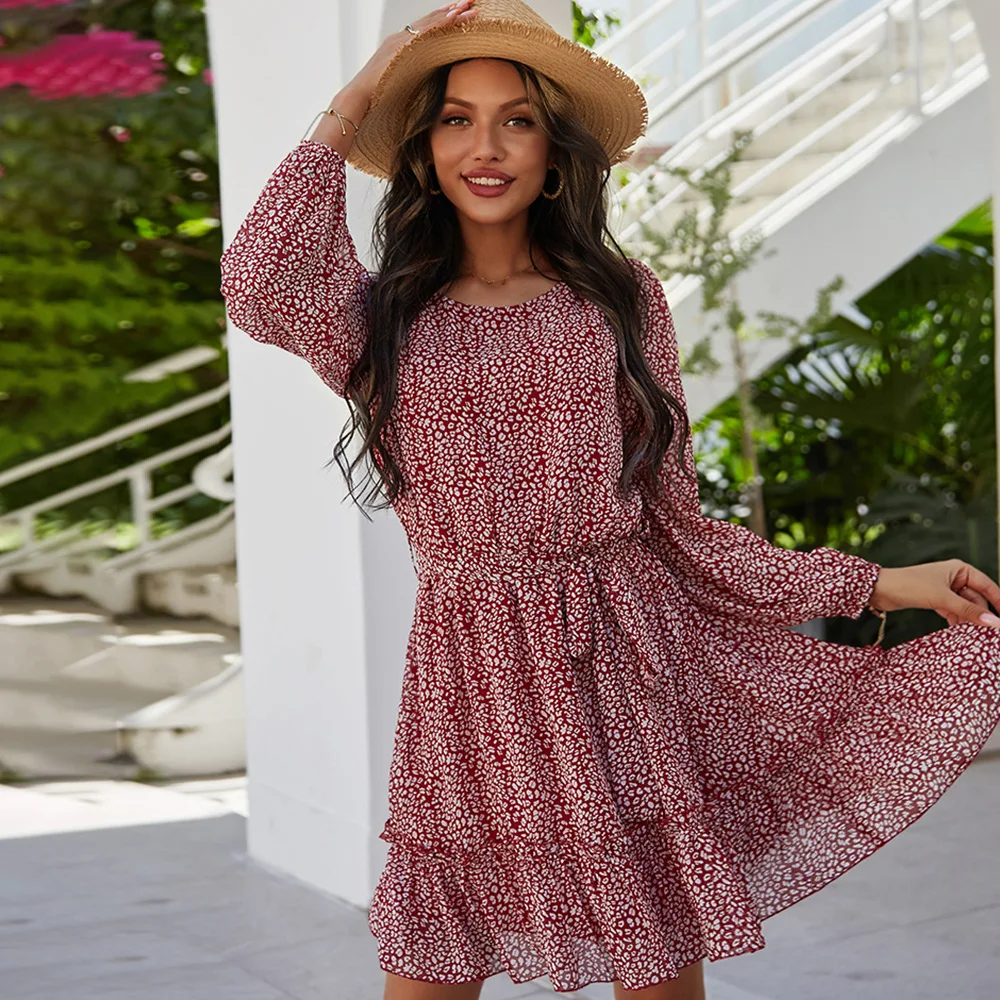 

Women's Spring/Summer 2021 Waist Round Collar Print Dress Female Accept Waist Show Thin Beach Falbala Short-Sleeved Dress