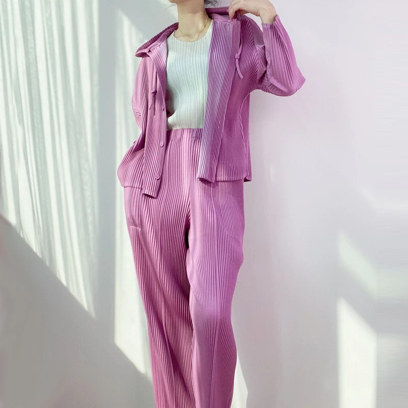Changpleat Autumn New Miyak Pleated Fashion Women Sets  High Street Solid Loose large Size Hooded Coat and Pant Two-piece suit