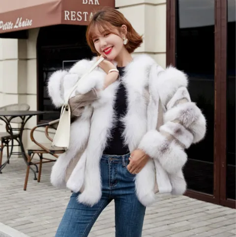 Cross fox and mink Женская шуба OFTBUY, с натуральными меховыми полосками из лисы и норки, теплая зимняя куртка, плотная уличная одежда - Цвет: Cross fox and mink