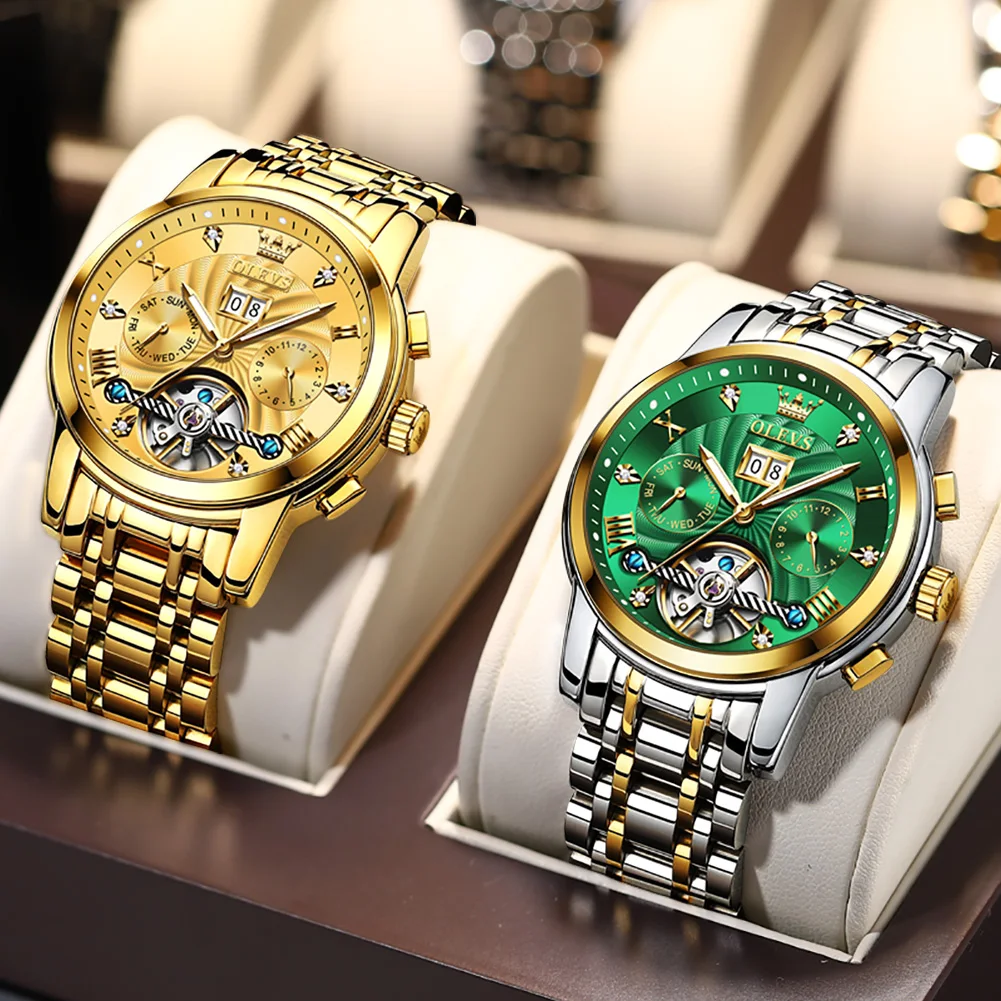 OLEVS Luxury Men's Business Mechanical Watch Green Automatic Stainless Steel Waterproof Tourbillon Fashion Business Watch enlarge