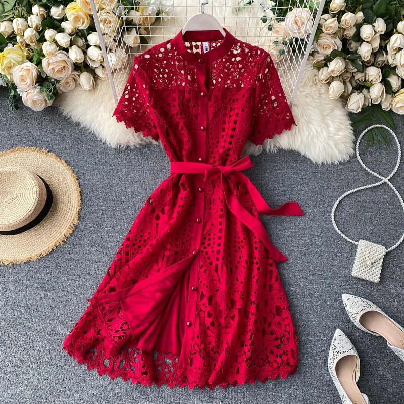 

YIZZHOY New Female Spring Summer Vintage Hollow Out Sashes Buttons A-line High Waist Slim Short Sleeve Women Dress