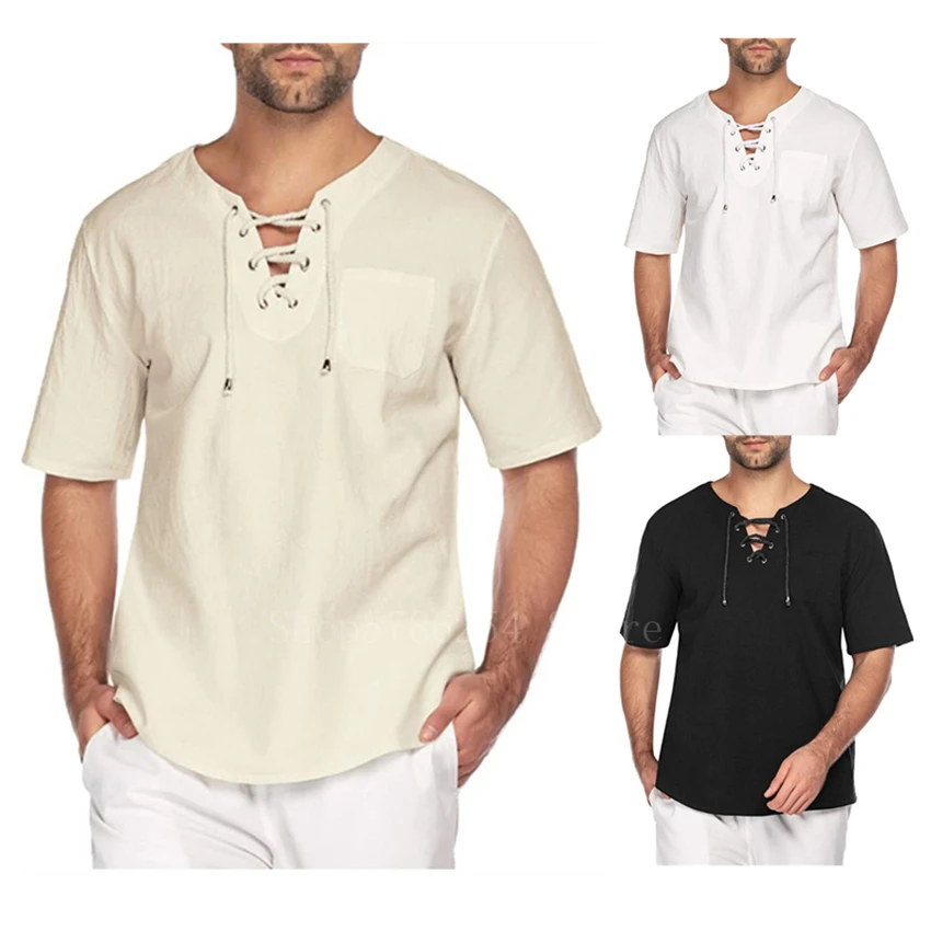 Men Medieval Costume Short Sleeve Cotton Retro Lace up Cardigan T-shirt Viking Pirate Renaissance Cosplay Adult V Neck Top 3XL |